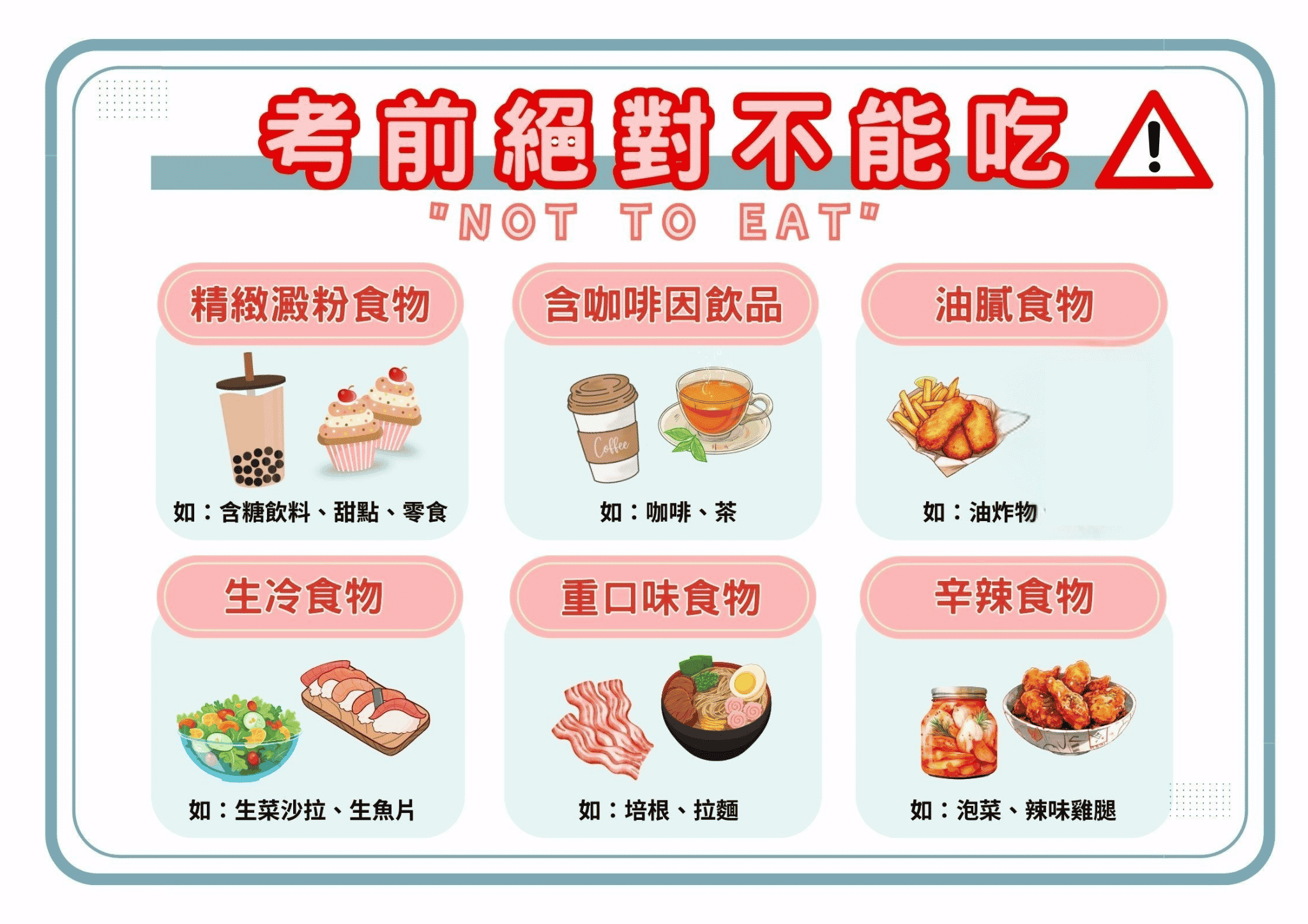 考試前唔宜食啲咩?呢啲食物會好大影響你嘅身體狀態 1. 含糖飲料、甜點、零食等精緻澱粉含量高的食物 你是否有過因為壓力大而大吃大喝的經驗?感覺焦躁就好想饮嘢、食甜!但你知道嗎?用這種方式排解壓力反而容易造成後續表現不佳,因這些食物含有精緻澱粉,精緻澱粉容易使血糖快速上升,再快速下降,導致腦中血清素增加,反而產生了想睡覺的感覺,使得注意力下降。 2. 咖啡、茶等含咖啡因飲料 每天早晨都要來杯咖啡幫助提神?適量的咖啡或茶可以幫助促進代謝、提振精神是正確的,但根據美國國家醫學圖書館的資料表示,若為了提神而攝取過多咖啡因將導致躁動、頭痛、頭暈甚至是腸胃不適的症狀,依據衛福部食藥署的建議,12至18歲的青少年每日咖啡因攝取應在100毫克以內,成人則是不宜超過 300 毫克,便利店常見的大杯咖啡往往1杯就超過200毫克,飲用前可要特別注意份量了!且咖啡因有利尿作用,因此建議重要活動前避免攝取過量,以免想上廁所影響表現!3. 炸雞、補湯等各種油膩膩或不好消化的食物 食飽就昏昏欲睡,精神不佳要怎麼面對飯後的考試呢?先避免脂肪含量高或較難消化的食物吧!因為這類食物在胃部需要較長時間才能完全消化,不僅導致脹氣的不適,消化過程中更會使大量血液流向腸胃,導致腦部供氧量下降,造成吃飽頭昏想睡的感覺。 4. 生菜沙拉、涼麵、壽司、生魚片等生冷食物 考試當天千萬別為了求方便而選擇生菜沙拉、涼麵這些食物來裹腹,或是壓力大而去吃好吃的壽司或生魚片,因這類食物容易因處理或保存不當,造成細菌的汙染及滋生,經食用後極有可能產生噁心、嘔吐、腹痛、腹瀉或其他如神經系統疾病等食物中毒症狀。 5. 培根、菜脯 、滷味等重口味的食物 少喝水就不會跑廁所?「可惡!都是剛剛喝太多水,現在一直想跑廁所!」考前這種感覺讓人格外緊張,想避免這種狀況,你可以注意一下吃否食太鹹的食物,當身體攝取太多的鈉,會導致體內滲透壓不平衡,身體會透過口渴的方式發出訊號要你飲水,飲水多尿液量也增加,一直想要上廁所的感覺也將影響考試或工作表現。 6. 辣味雞腿、泡菜飯糰等辛辣、刺激性的食物 可別想透過吃辣來提神,雖然辛辣確實會使交感神經旺盛,讓身體有精神振奮的感覺,但卻可能對胃壁、腸道造成刺激,加速腸胃蠕動,精神有了,卻產生腹痛、腹瀉等情形,影響考試成績或工作表現可得不償失!