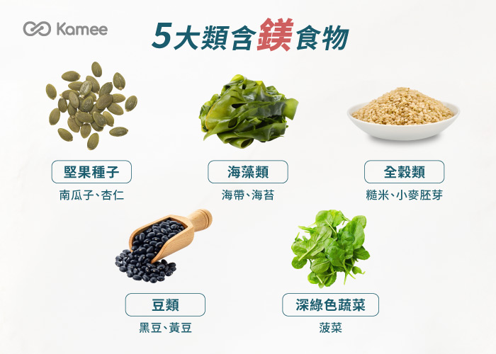 5大類含鎂食物，包括堅果種子、海藻類、全穀類、豆類與深綠色蔬菜