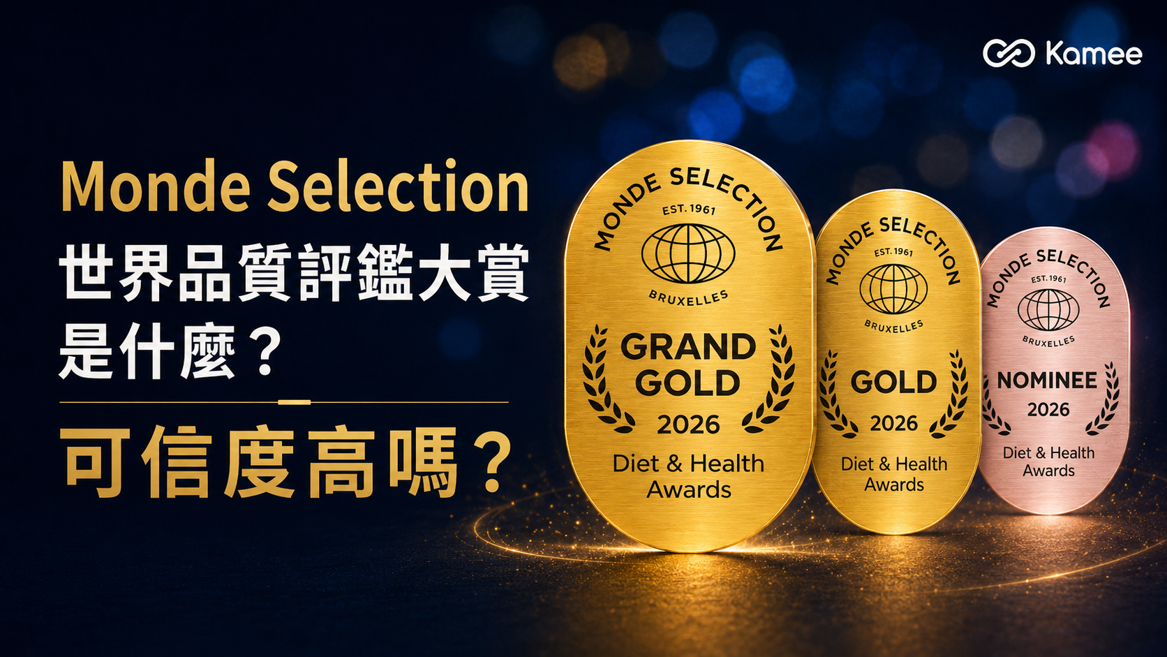 Monde Selection 世界品質評鑑大賞視覺，呈現 Grand Gold、Gold 與 Nominee 三種獎牌，說明評鑑制度與可信度
