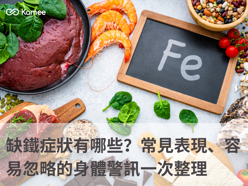 含鐵食物示意圖,包含紅肉、海鮮、菠菜與豆類,搭配「Fe」符號,說明缺鐵症狀相關營養來源
